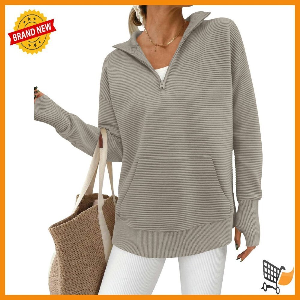 Quarter Zip Pullover V-Neck Sweater Long Sleeve Thumb Hole Pocket Loose Fit